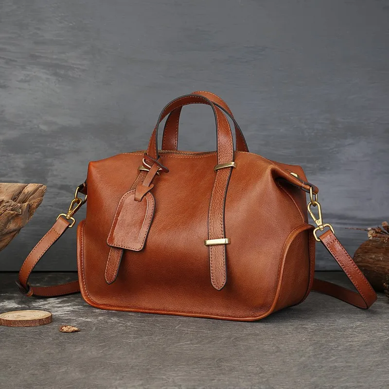 Johnature Vintage Solid Color Genuine Leather Handbag 2025 New Large Capacity Boston Women's Bag Casual Shoulder Bags