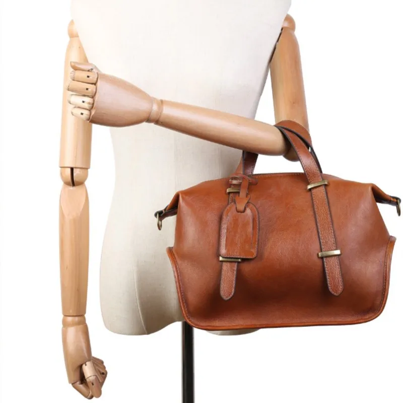Johnature Vintage Solid Color Genuine Leather Handbag 2025 New Large Capacity Boston Women's Bag Casual Shoulder Bags
