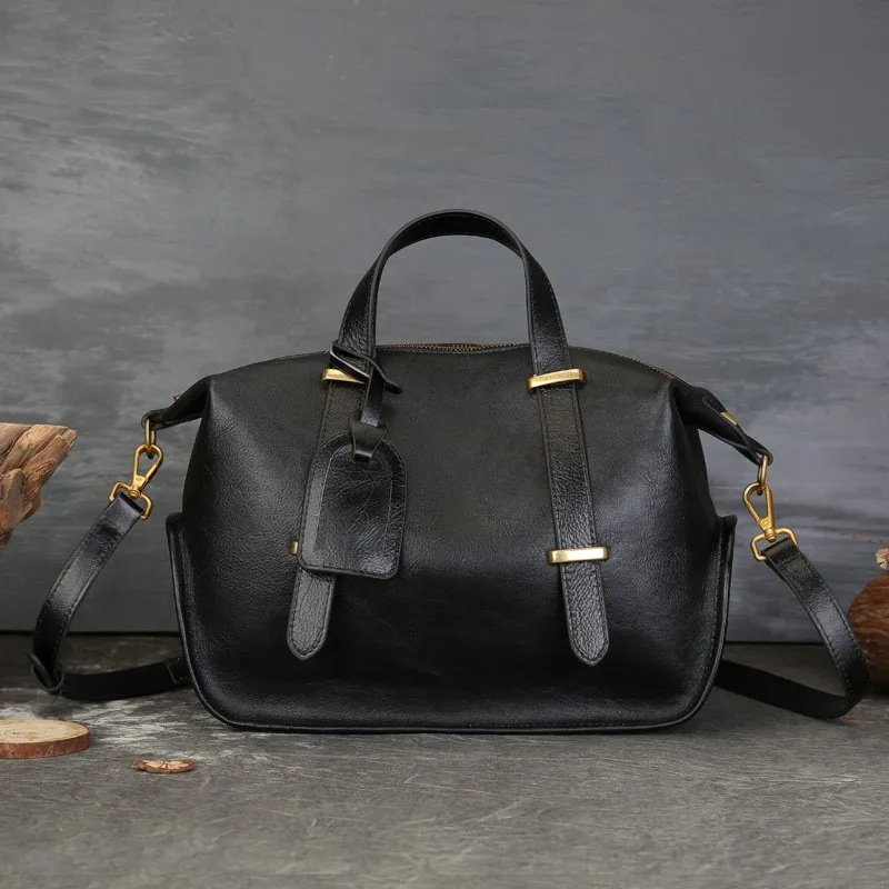 Johnature Vintage Solid Color Genuine Leather Handbag 2025 New Large Capacity Boston Women's Bag Casual Shoulder Bags